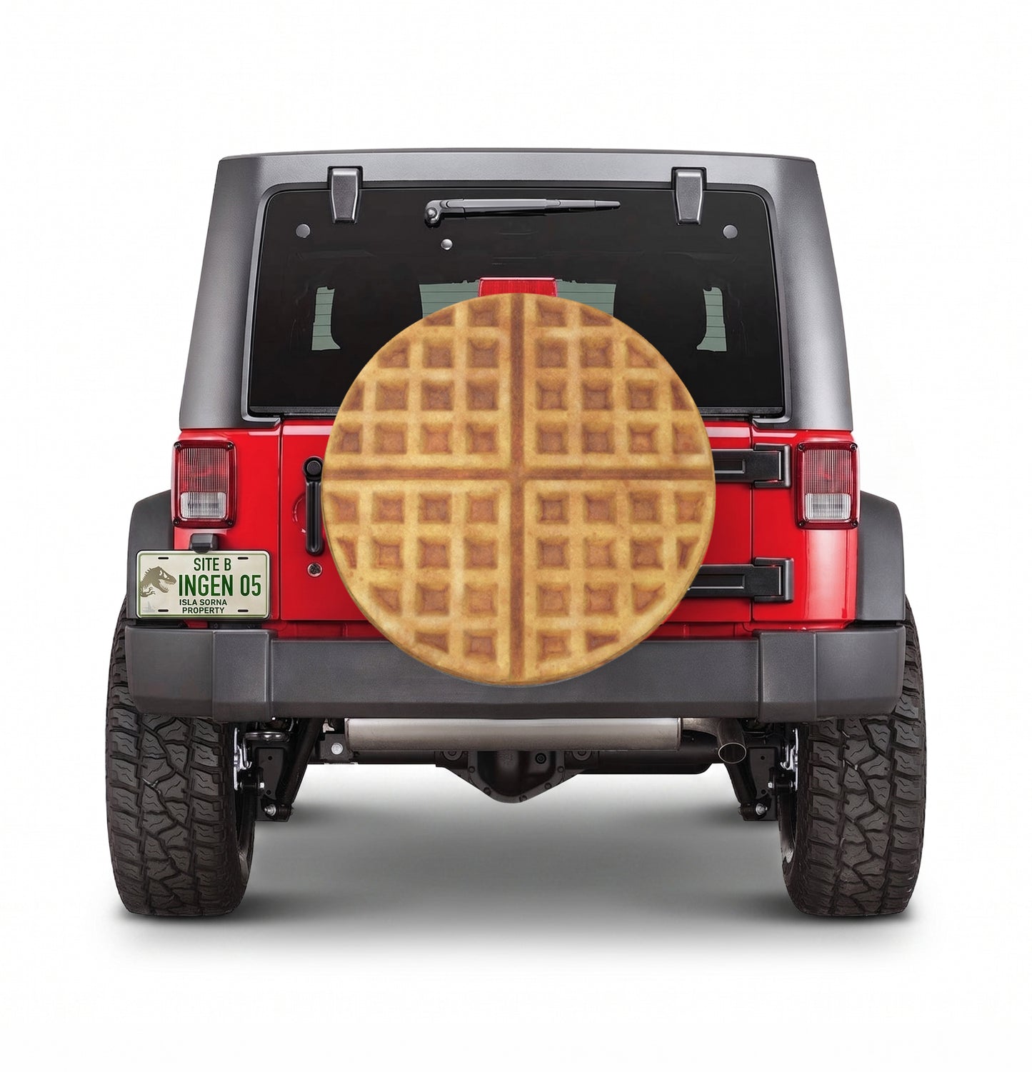 Waffle Print Novelty Tire Cover Mounted on SUV - Lifestyle View