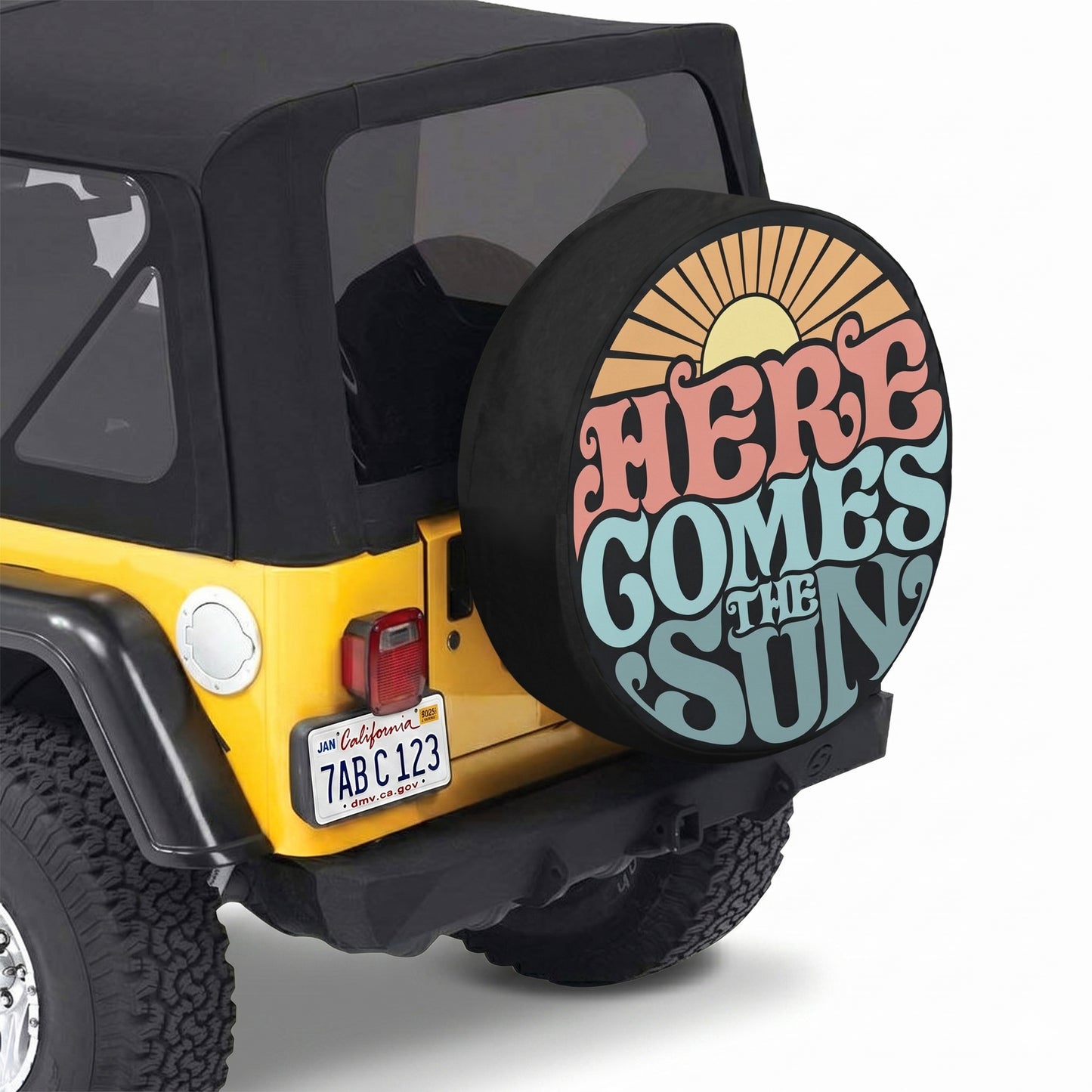 Here Comes The Sun Spare Tire Cover - Side View showing fit and coverage on spare tire