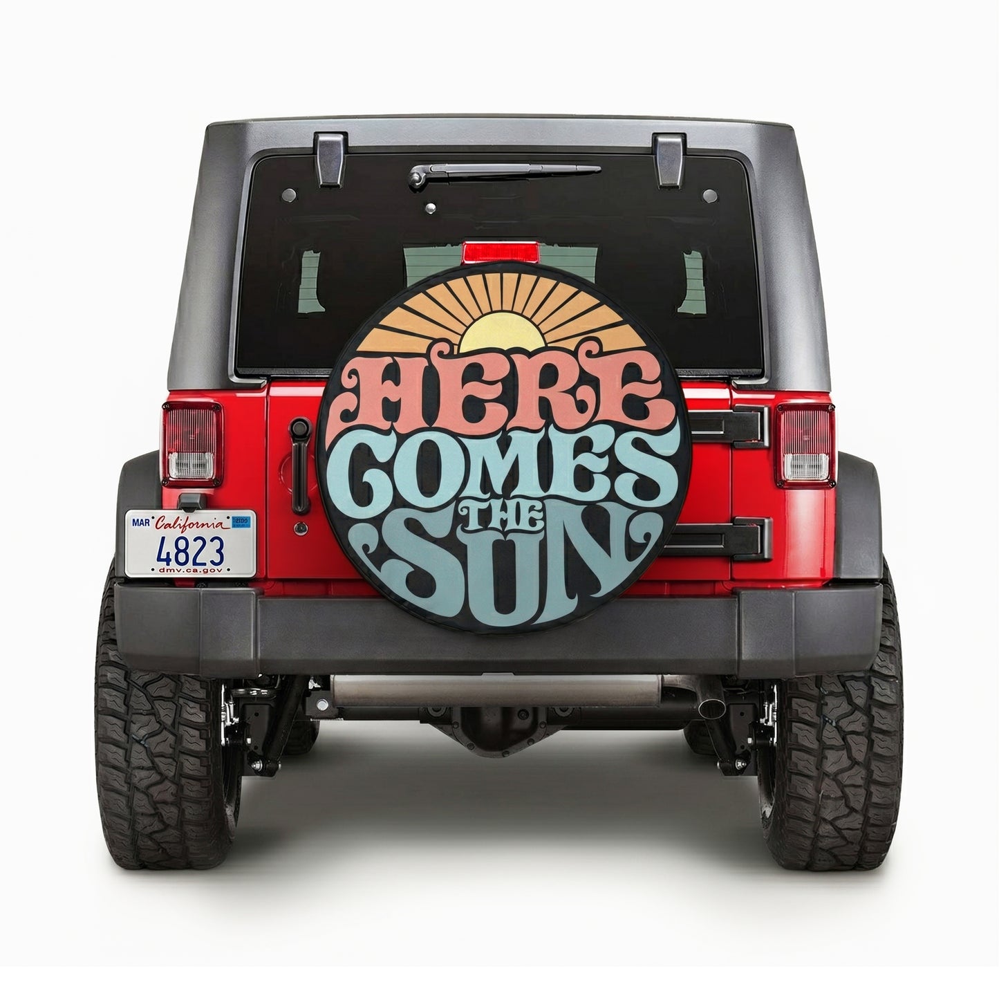 Here Comes The Sun Spare Tire Cover - Front View on Jeep Wrangler