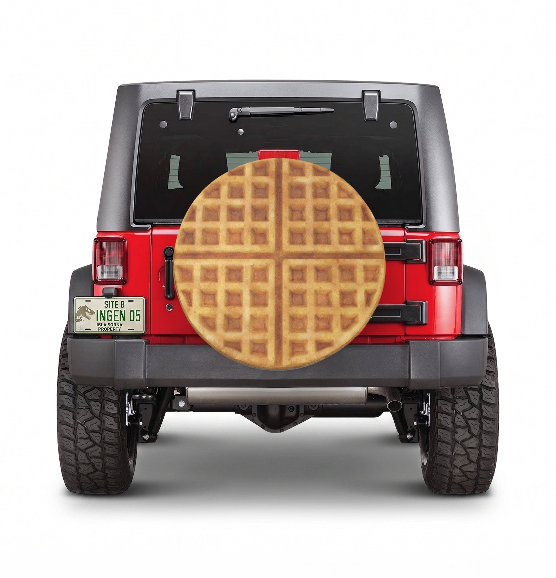 Waffle Print Novelty Tire Cover Mounted on SUV - Lifestyle View