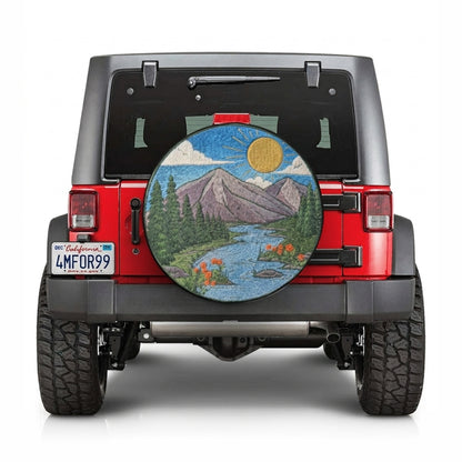 Mountain Scenery Spare Tire Cover Mounted on SUV - Lifestyle View