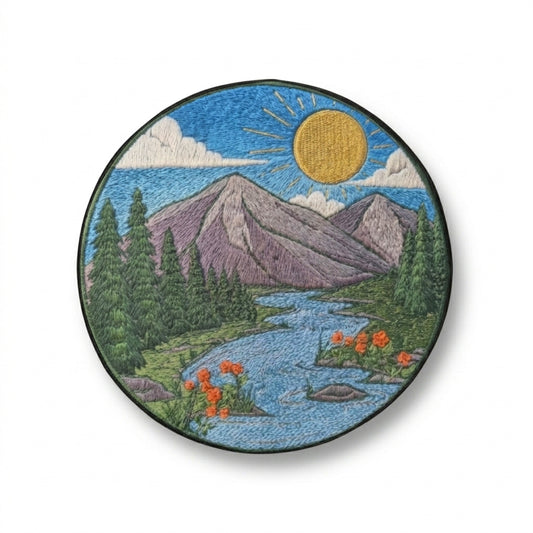 Mountain Landscape Spare Tire Cover on Jeep Wrangler - Front View